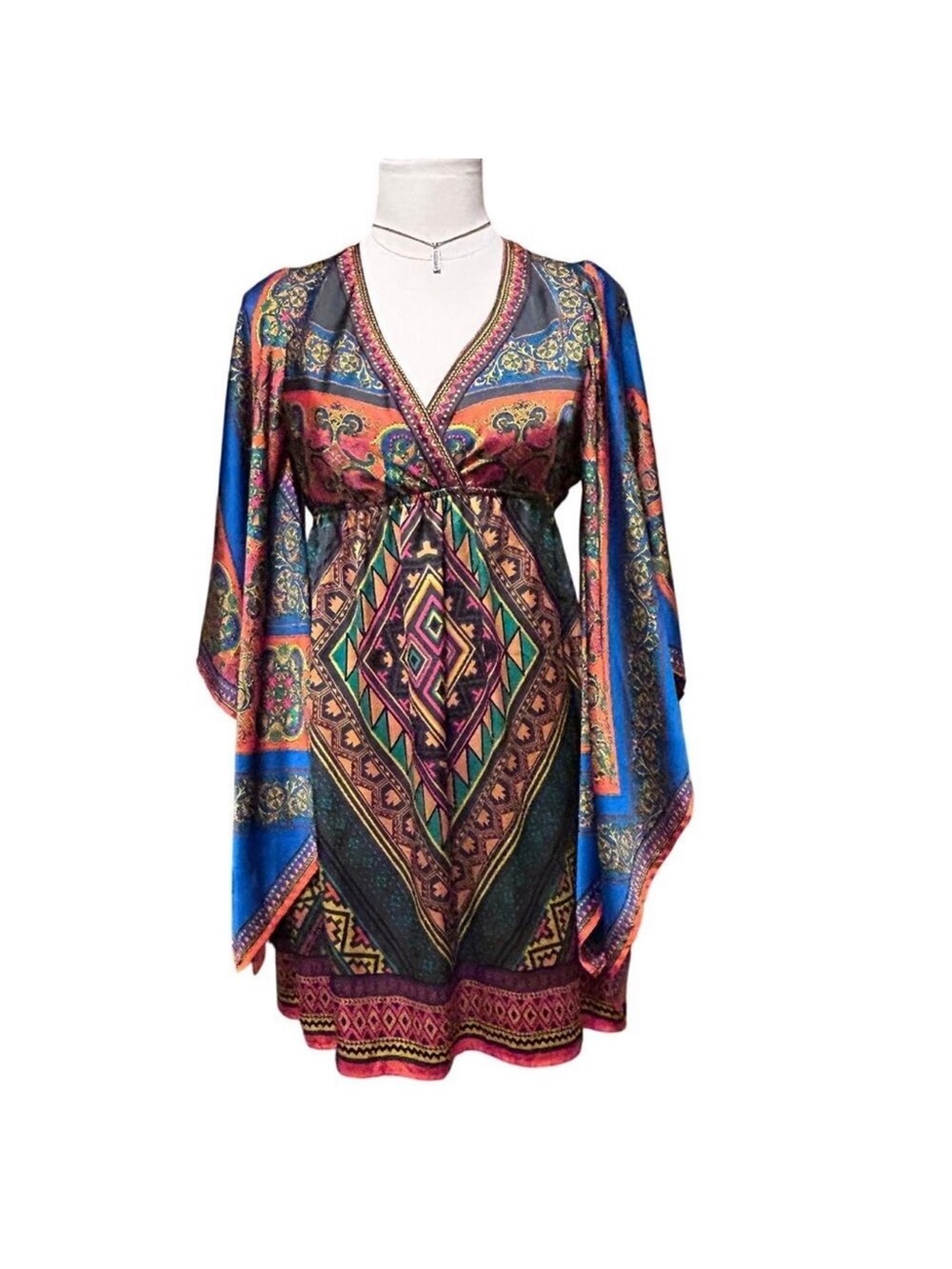 Flying Tomato Flair Long Sleeve Boho Dress-Mini Paisley-Size Small-V Neck Sz S
